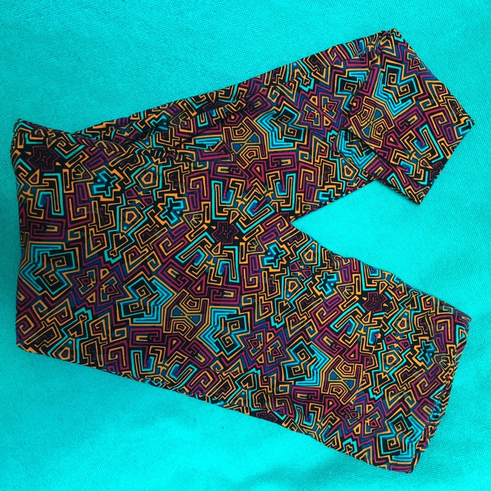 LuLaRoe leggings, bright orange/purple/blue design